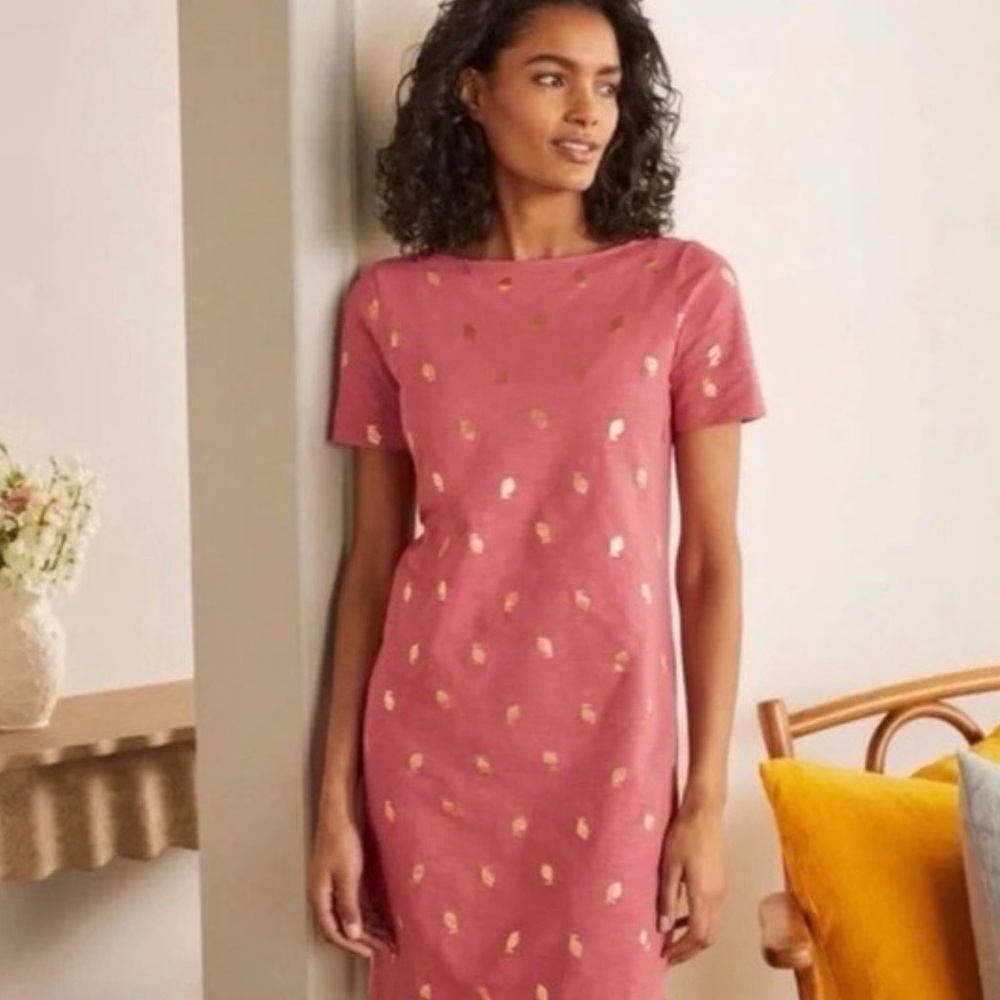 Boden Pink Midi Dress with Gold Foil Lemon Accents